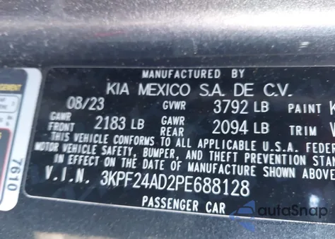 2023 Kia Forte Lxs z USA, uszkodzony, nr VIN 3KPF24AD2PE688128